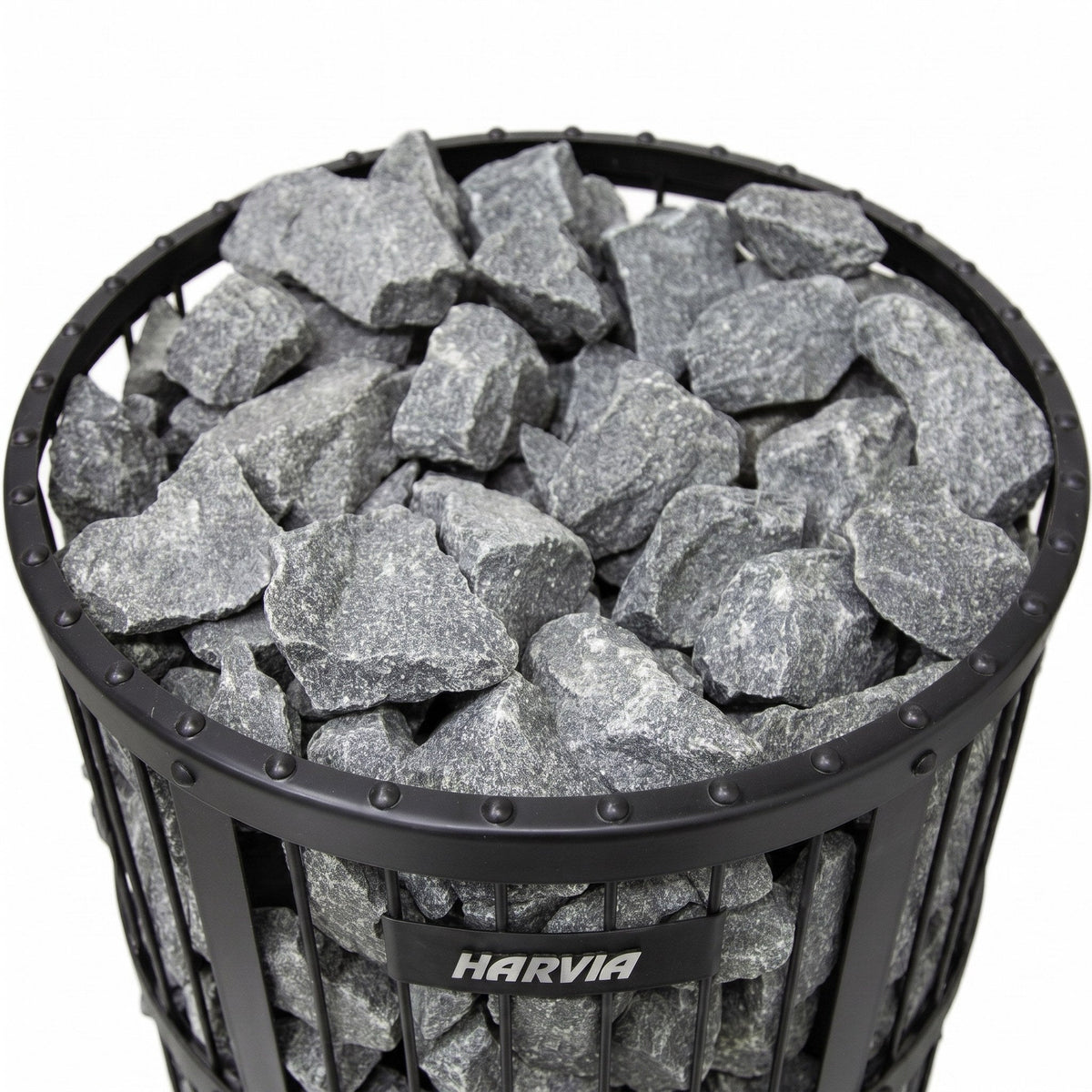 Top view of the stones stacked in the black steel stone basket of the Harvia Legend 150 SL