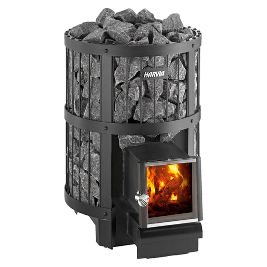 Harvia Legend 150 SL 16kW wood-burning sauna stove in graphite black on a white background, front view with the stone column, the fire lit and the fire door set on the extended fire chamber