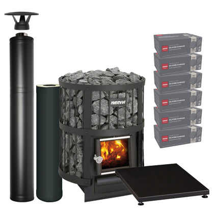 Harvia Legend 150 wood-burning sauna stove package with black steel chimney: Legend 150 stove, WHP1500M chimney kit, WHP1000M extension, WL100 floor plate and six boxes of AC3020 stones