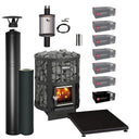 Harvia Legend 150 wood stove package with black steel chimney and water heater: Legend 150 stove, WHP1500M chimney kit, WHP1000M extension, WP250LD water heater, WZ11520 smoke pipe, WL100 floor plate, six boxes of AC3020 and one of AC3000