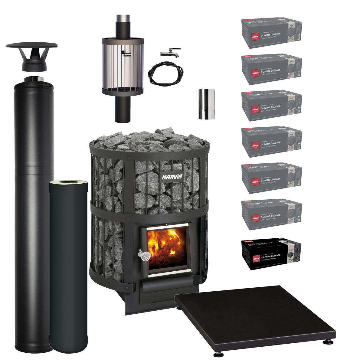Harvia Legend 150 wood stove package with black steel chimney and water heater: Legend 150 stove, WHP1500M chimney kit, WHP1000M extension, WP250LD water heater, WZ11520 smoke pipe, WL100 floor plate, six boxes of AC3020 and one of AC3000