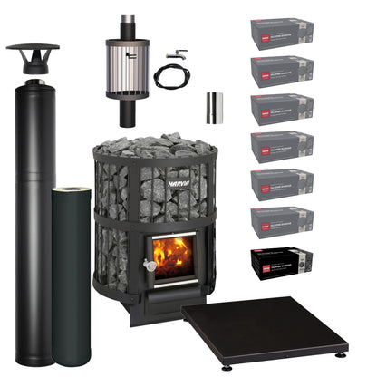 Harvia Legend 150 wood stove package with black steel chimney and water heater: Legend 150 stove, WHP1500M chimney kit, WHP1000M extension, WP250LD water heater, WZ11520 smoke pipe, WL100 floor plate, six boxes of AC3020 and one of AC3000