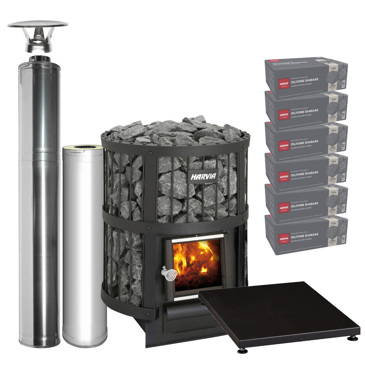 Harvia Legend 150 wood-burning sauna stove package with stainless steel chimney: Legend 150 stove, WHP1500 chimney kit, WHP1000 extension, WL100 floor plate and six boxes of AC3020 stones