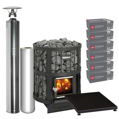 Harvia Legend 150 wood-burning sauna stove package with stainless steel chimney: Legend 150 stove, WHP1500 chimney kit, WHP1000 extension, WL100 floor plate and six boxes of AC3020 stones