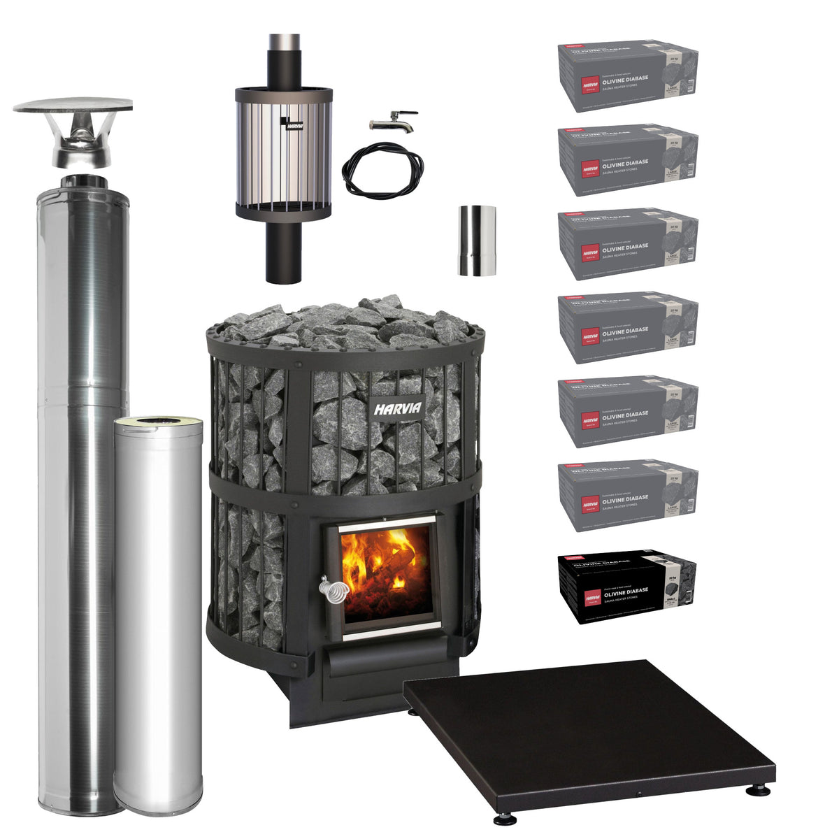 Harvia Legend 150 wood stove package with stainless chimney and water heater: Legend 150 stove, WHP1500 chimney kit, WHP1000 extension, WP250LD water heater, WZ11520 smoke pipe, WL100 floor plate, six boxes of AC3020 and one of AC3000