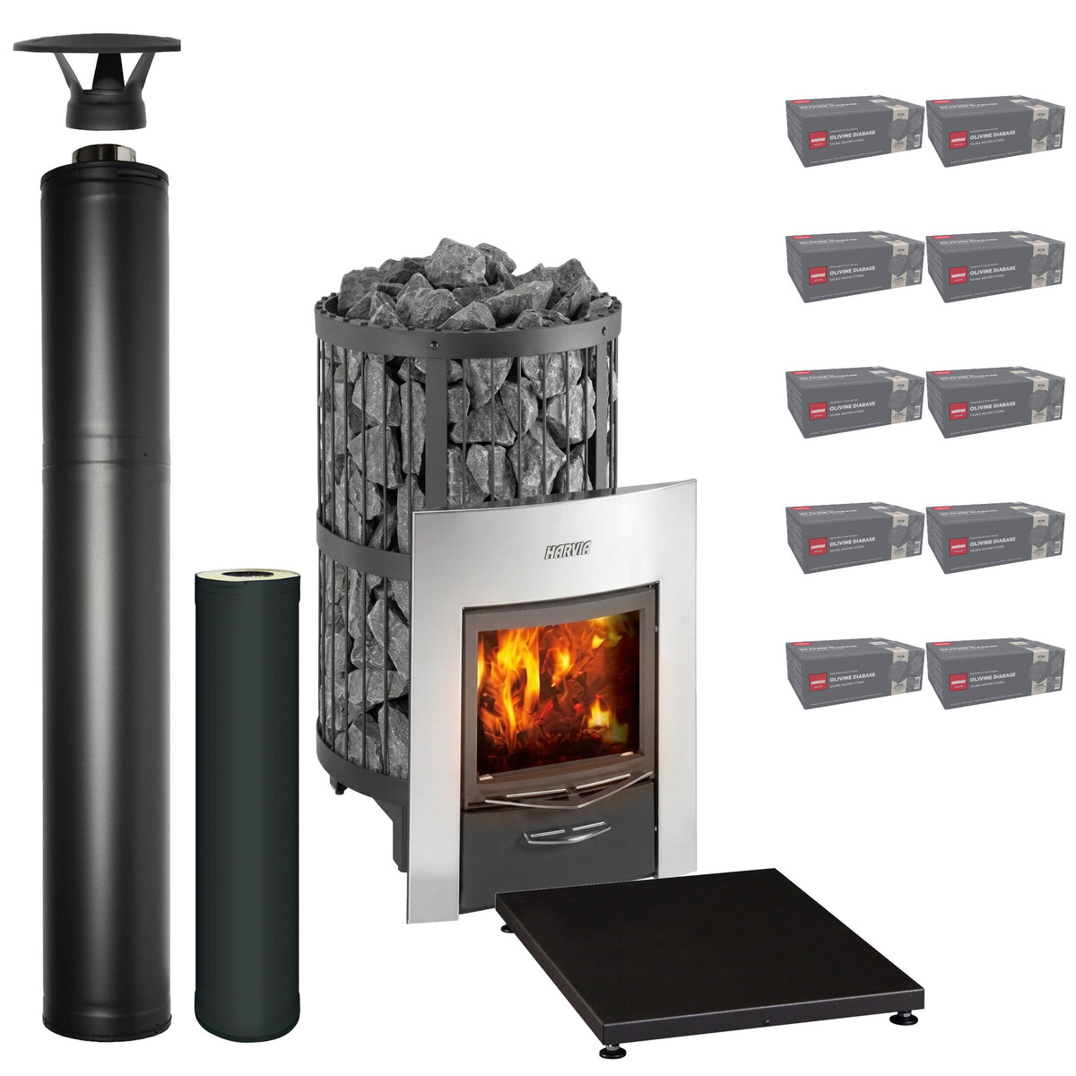 Harvia Legend 240 Duo wood-burning sauna stove package with black steel chimney: Legend 240 Duo stove, WHP1500M chimney kit, WHP1000M extension, WL100 floor plate and ten boxes of AC3020 stones