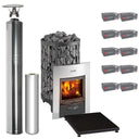 Harvia Legend 240 Duo wood-burning sauna stove package with stainless steel chimney: Legend 240 Duo stove, WHP1500 chimney kit, WHP1000 extension, WL100 floor plate and ten boxes of AC3020 stones
