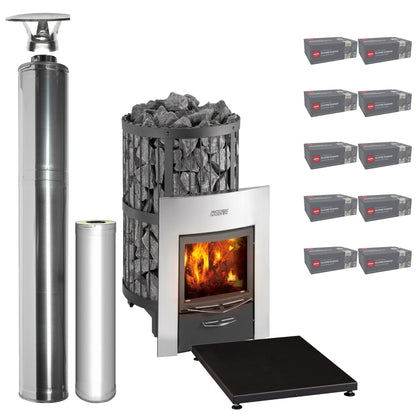 Harvia Legend 240 Duo wood-burning sauna stove package with stainless steel chimney: Legend 240 Duo stove, WHP1500 chimney kit, WHP1000 extension, WL100 floor plate and ten boxes of AC3020 stones