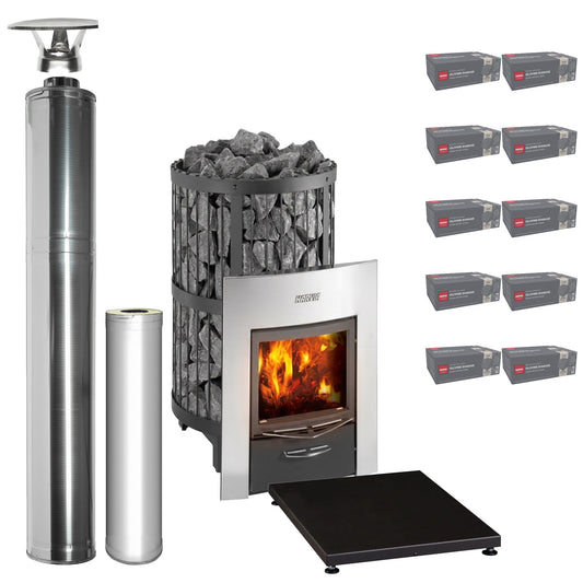 Harvia Legend 240 Duo wood-burning sauna stove package with stainless steel chimney: Legend 240 Duo stove, WHP1500 chimney kit, WHP1000 extension, WL100 floor plate and ten boxes of AC3020 stones