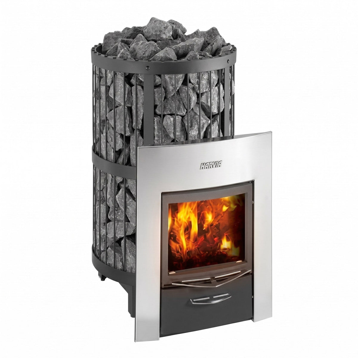 Harvia Legend 240 Duo wood stove with the extended firebox and glass door for feeding from the next room