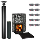 Harvia Legend 240 GreenFlame wood-burning sauna stove package with black steel chimney: Legend 240 GreenFlame stove, WHP1500M chimney kit, WHP1000M extension, WL100 floor plate and ten boxes of AC3020 stones