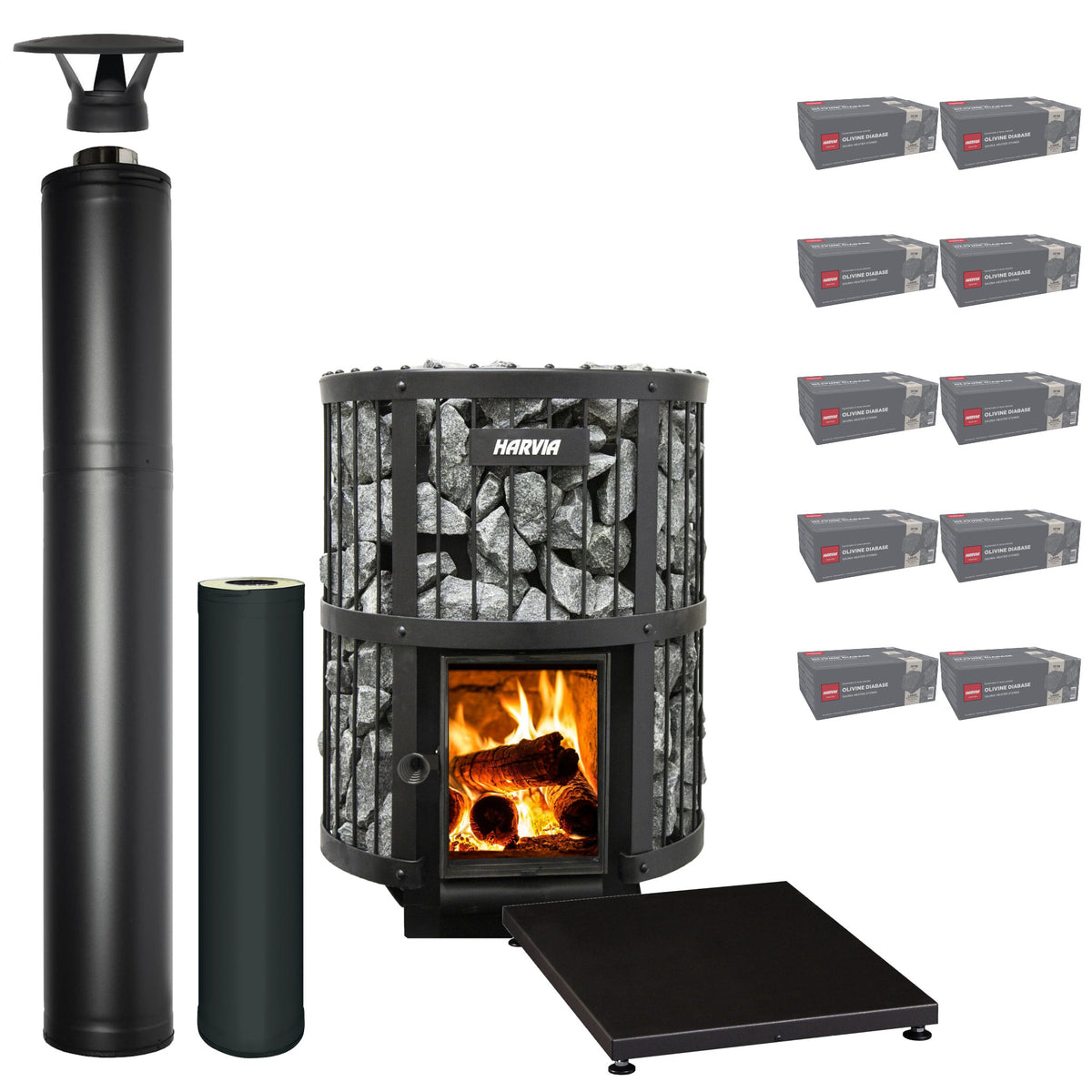 Harvia Legend 240 GreenFlame wood-burning sauna stove package with black steel chimney: Legend 240 GreenFlame stove, WHP1500M chimney kit, WHP1000M extension, WL100 floor plate and ten boxes of AC3020 stones