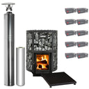 Harvia Legend 240 GreenFlame wood-burning sauna stove package with stainless steel chimney: Legend 240 GreenFlame stove, WHP1500 chimney kit, WHP1000 extension, WL100 floor plate and ten boxes of AC3020 stones