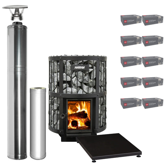 Harvia Legend 240 GreenFlame wood-burning sauna stove package with stainless steel chimney: Legend 240 GreenFlame stove, WHP1500 chimney kit, WHP1000 extension, WL100 floor plate and ten boxes of AC3020 stones