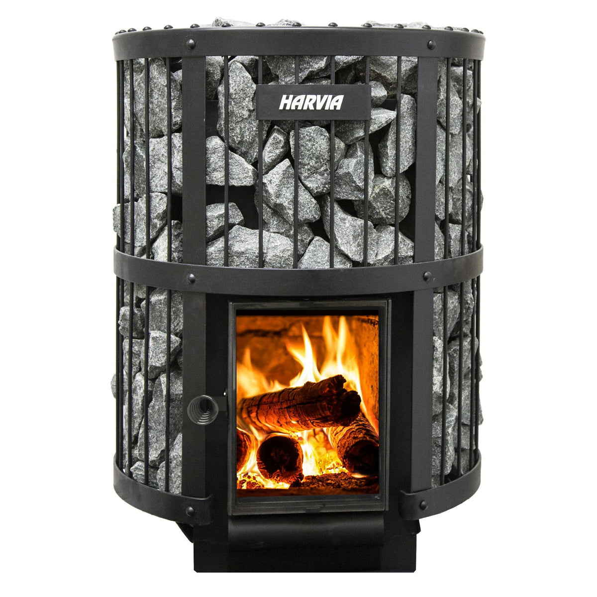 Harvia Legend 240 GreenFlame wood-burning sauna stove in graphite black, front view with the fire lit, studio photo on white