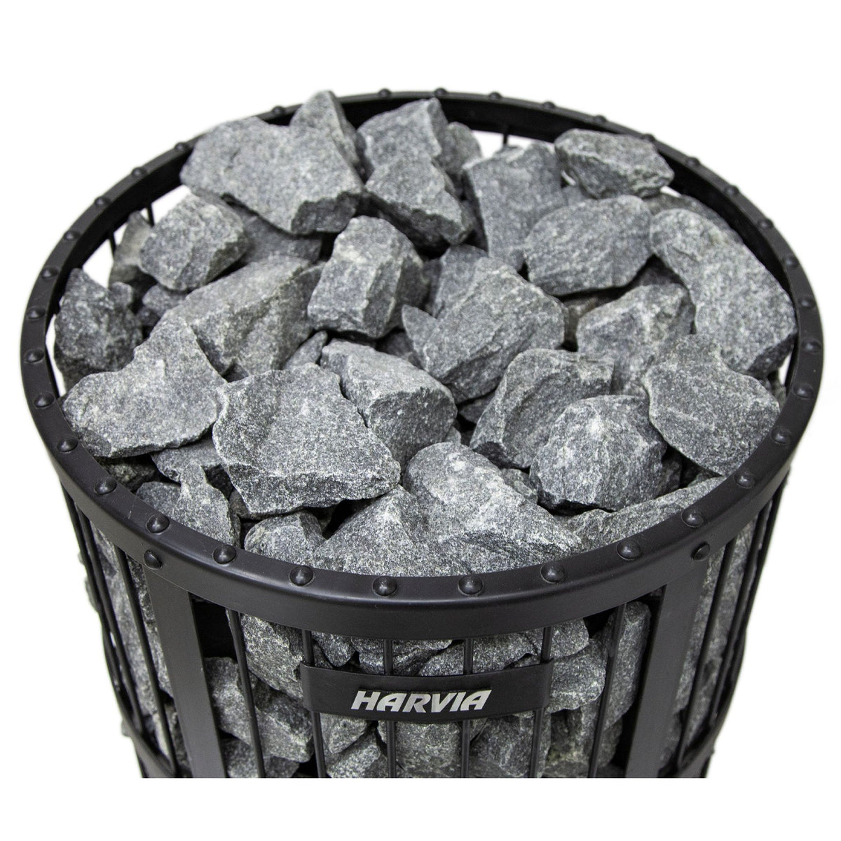 Top view of the sauna stones stacked in the round steel basket of the Harvia Legend stove
