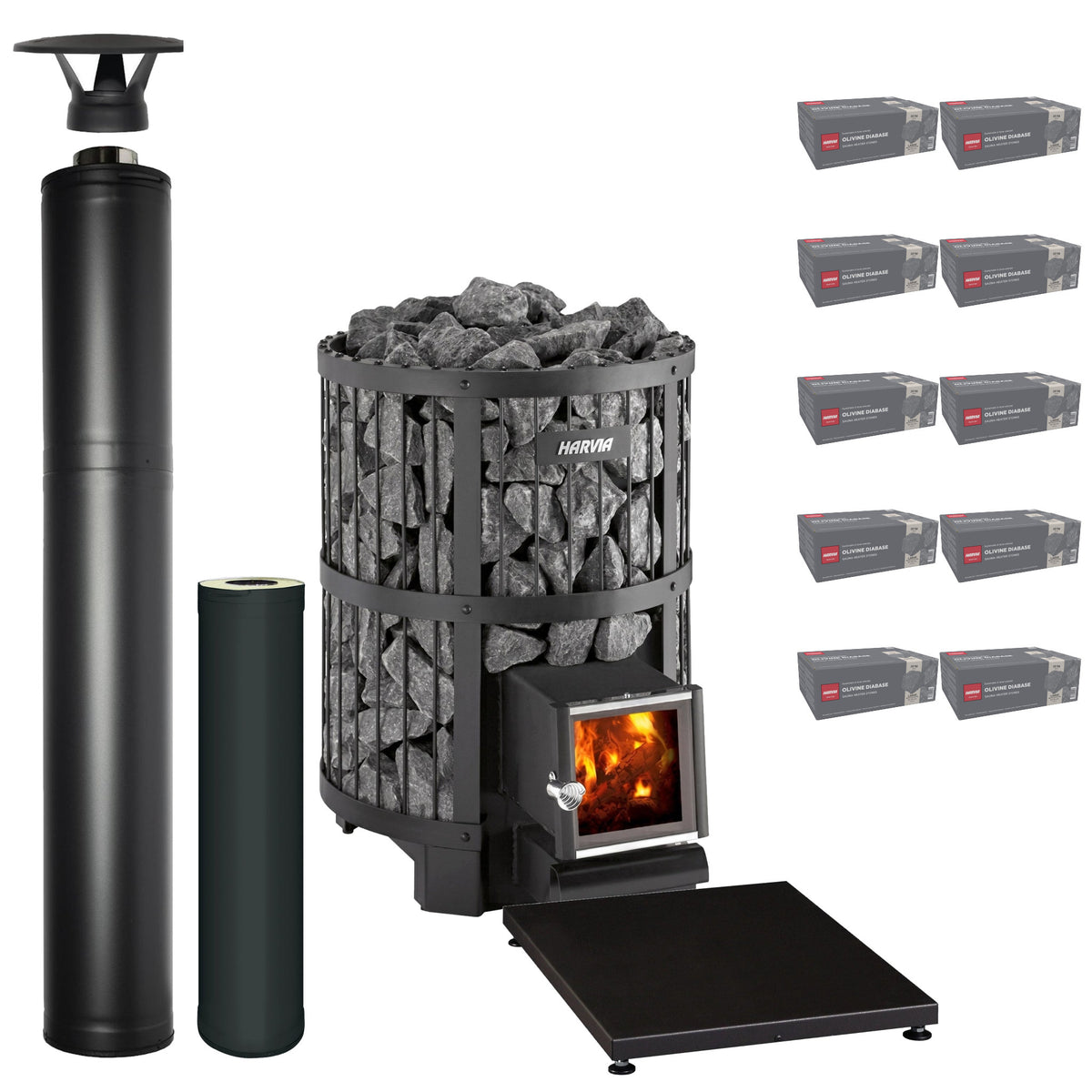 Harvia Legend 240 SL wood-burning sauna stove package with black steel chimney: Legend 240 SL stove, WHP1500M chimney kit, WHP1000M extension, WL100 floor plate and ten boxes of AC3020 stones