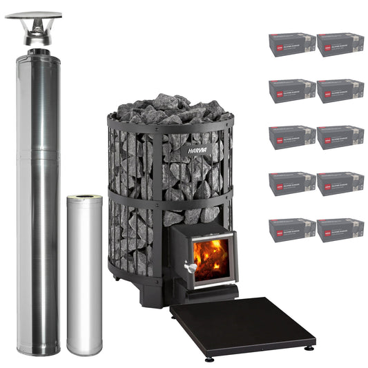Harvia Legend 240 SL wood-burning sauna stove package with stainless steel chimney: Legend 240 SL stove, WHP1500 chimney kit, WHP1000 extension, WL100 floor plate and ten boxes of AC3020 stones