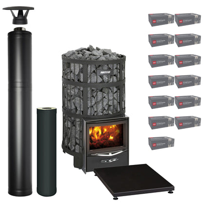 Harvia Legend 300 wood-burning sauna stove package with black steel chimney: Legend 300 stove, WHP1500M chimney kit, WHP1000M extension, WL100 floor plate and thirteen boxes of AC3020 stones