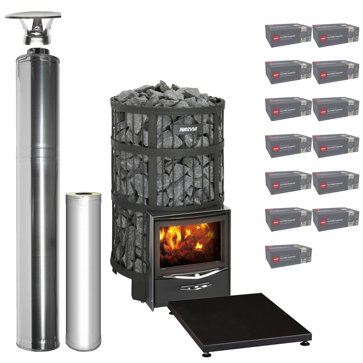 Harvia Legend 300 wood-burning sauna stove package with stainless steel chimney: Legend 300 stove, WHP1500 chimney kit, WHP1000 extension, WL100 floor plate and thirteen boxes of AC3020 stones