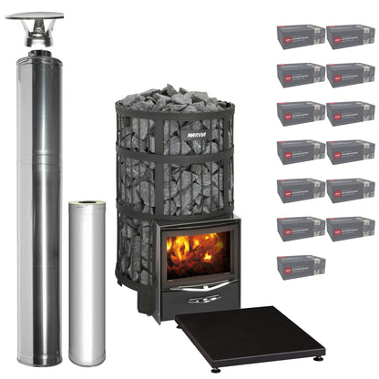 Harvia Legend 300 wood-burning sauna stove package with stainless steel chimney: Legend 300 stove, WHP1500 chimney kit, WHP1000 extension, WL100 floor plate and thirteen boxes of AC3020 stones