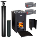 Harvia Linear 16 wood-burning sauna stove package with black steel chimney: Linear 16 stove, WHP1500M chimney kit, WHP1000M extension, WL475 sheath, WL100 floor plate and two boxes of AC3020 stones