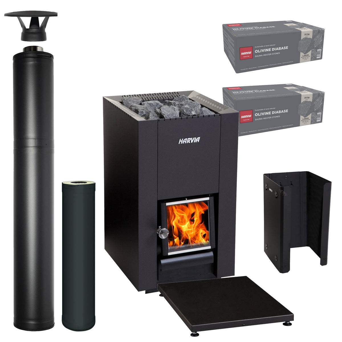 Harvia Linear 16 wood-burning sauna stove package with black steel chimney: Linear 16 stove, WHP1500M chimney kit, WHP1000M extension, WL475 sheath, WL100 floor plate and two boxes of AC3020 stones
