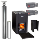 Harvia Linear 16 wood-burning sauna stove package with stainless steel chimney: Linear 16 stove, WHP1500 chimney kit, WHP1000 extension, WL475 sheath, WL100 floor plate and two boxes of AC3020 stones