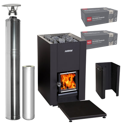 Harvia Linear 16 wood-burning sauna stove package with stainless steel chimney: Linear 16 stove, WHP1500 chimney kit, WHP1000 extension, WL475 sheath, WL100 floor plate and two boxes of AC3020 stones