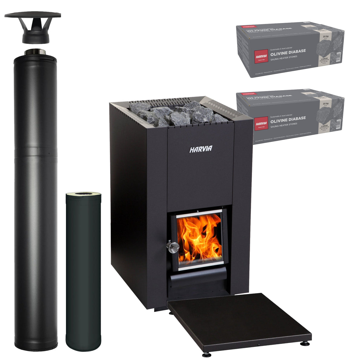 Harvia Linear 18 Compact wood-burning sauna stove package with black steel chimney: Linear 18 Compact stove, WHP1500M chimney kit, WHP1000M extension, WL100 floor plate and two boxes of AC3020 stones