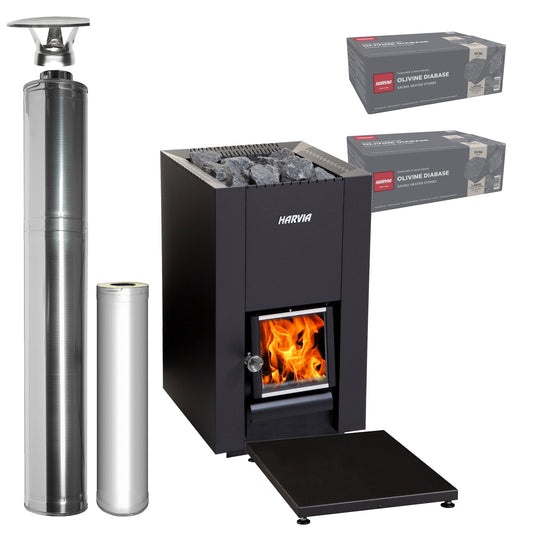 Harvia Linear 18 Compact wood-burning sauna stove package with stainless steel chimney: Linear 18 Compact stove, WHP1500 chimney kit, WHP1000 extension, WL100 floor plate and two boxes of AC3020 stones
