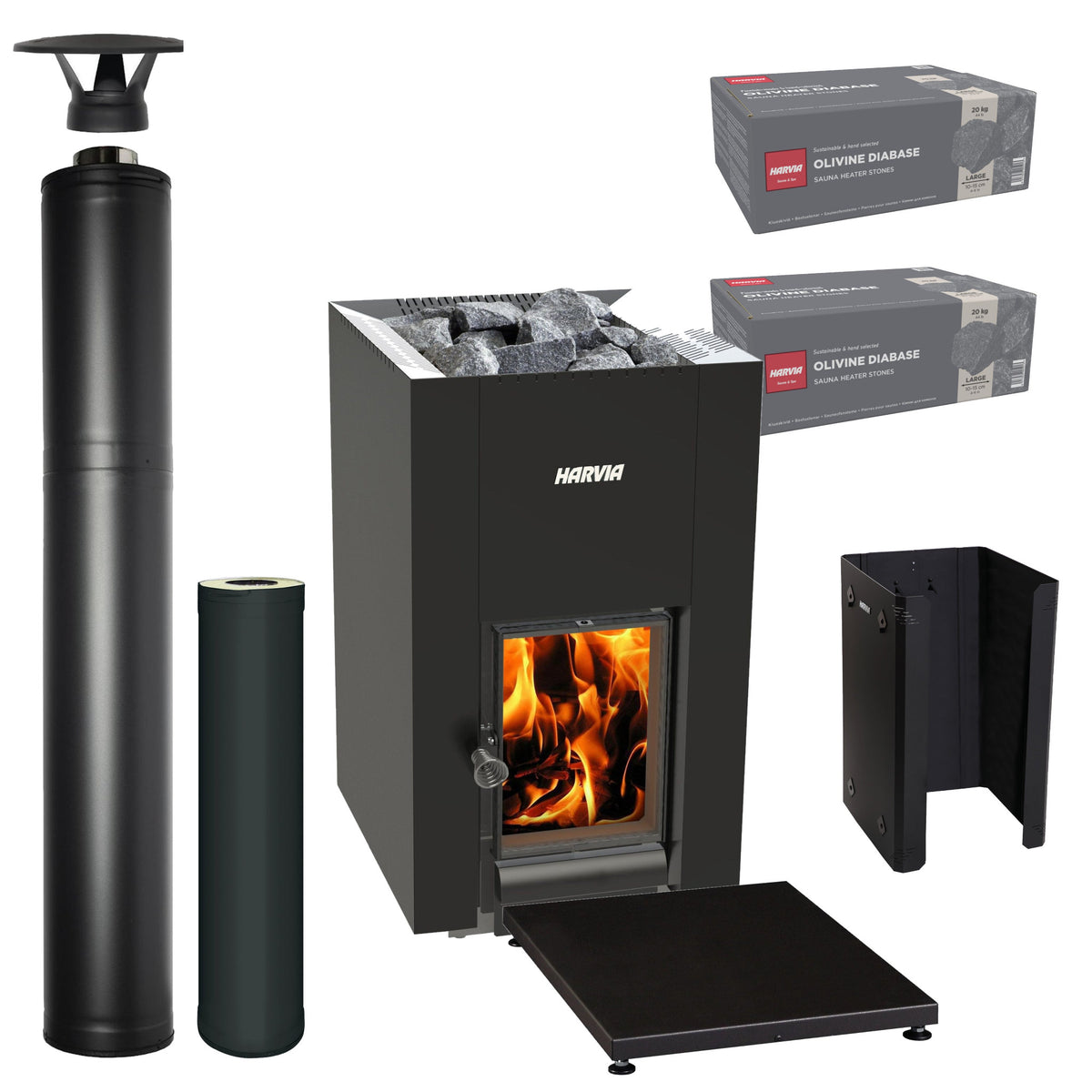 Harvia Linear 22 GreenFlame wood-burning sauna stove package with black steel chimney: Linear 22 GreenFlame stove, WHP1500M chimney kit, WHP1000M extension, WL575 sheath, WL100 floor plate and two boxes of AC3020 stones