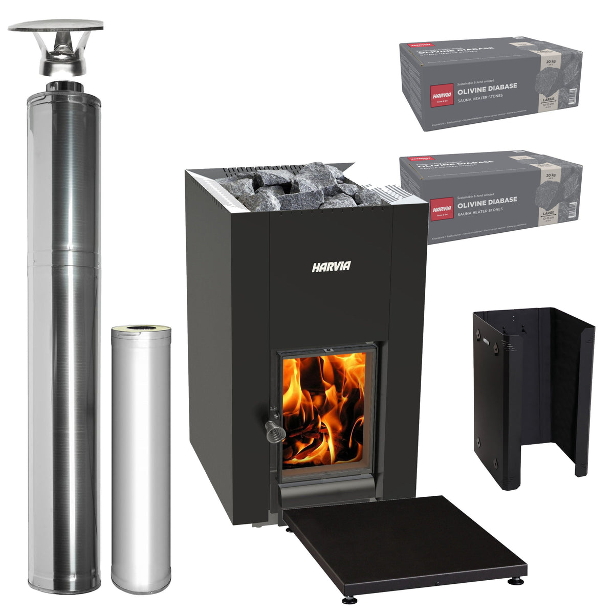 Harvia Linear 22 GreenFlame wood-burning sauna stove package with stainless steel chimney: Linear 22 GreenFlame stove, WHP1500 chimney kit, WHP1000 extension, WL575 sheath, WL100 floor plate and two boxes of AC3020 stones