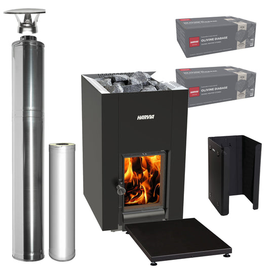 Harvia Linear 22 GreenFlame wood-burning sauna stove package with stainless steel chimney: Linear 22 GreenFlame stove, WHP1500 chimney kit, WHP1000 extension, WL575 sheath, WL100 floor plate and two boxes of AC3020 stones