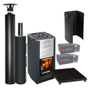 Harvia M3 wood-burning sauna stove package with black steel chimney: M3 stove, WHP1500M chimney kit, WHP1000M extension, WL450 sheath, WL100 floor plate and two boxes of AC3020 stones