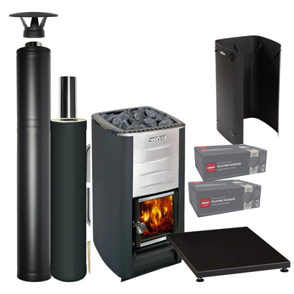 Harvia M3 wood-burning sauna stove package with black steel chimney: M3 stove, WHP1500M chimney kit, WHP1000M extension, WL450 sheath, WL100 floor plate and two boxes of AC3020 stones