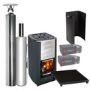 Harvia M3 wood-burning sauna stove package with stainless steel chimney: M3 stove, WHP1500 chimney kit, WHP1000 extension, WL450 sheath, WL100 floor plate and two boxes of AC3020 stones