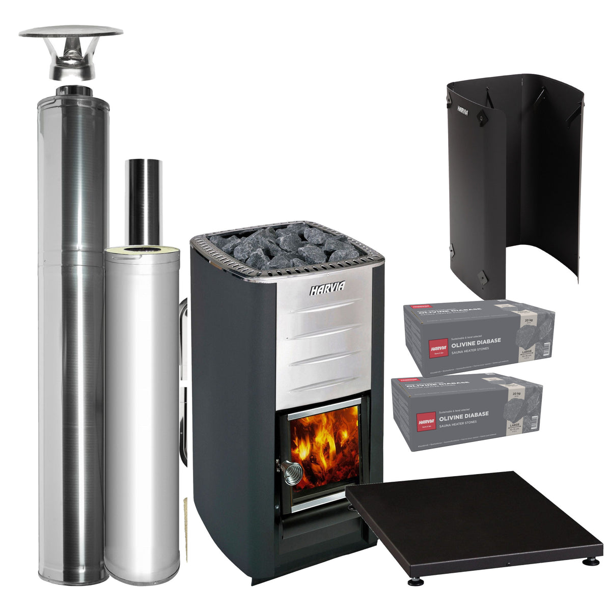 Harvia M3 wood-burning sauna stove package with stainless steel chimney: M3 stove, WHP1500 chimney kit, WHP1000 extension, WL450 sheath, WL100 floor plate and two boxes of AC3020 stones