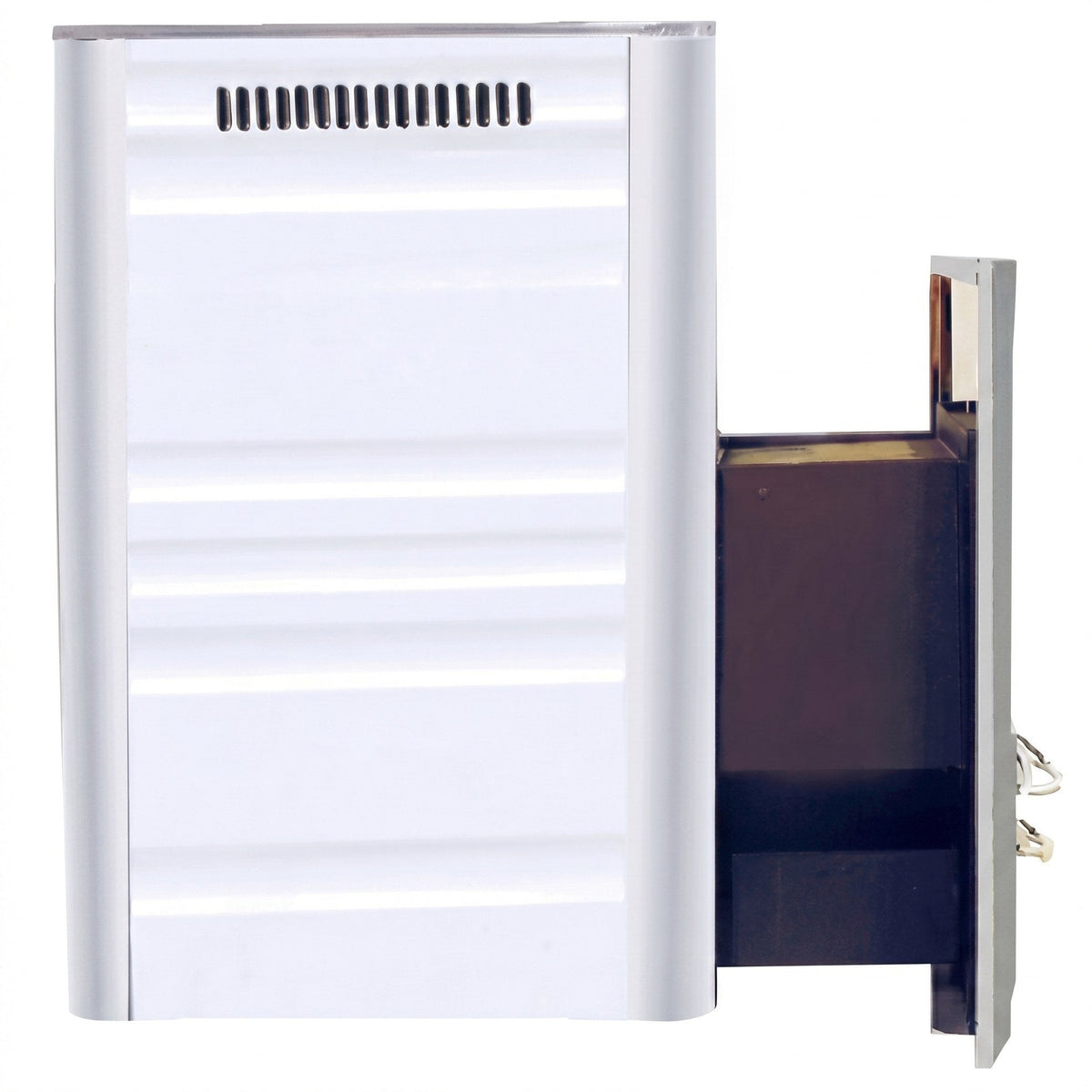 Harvia Pro 20 Duo stainless body with the extended fire-door section that passes through the wall, studio photo on white
