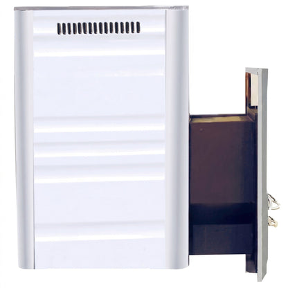 Harvia Pro 20 Duo stainless body with the extended fire-door section that passes through the wall, studio photo on white