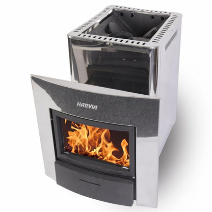 Harvia Pro 20 Duo sauna stove seen at an angle, showing the stone-textured door surround and the open stone space on top