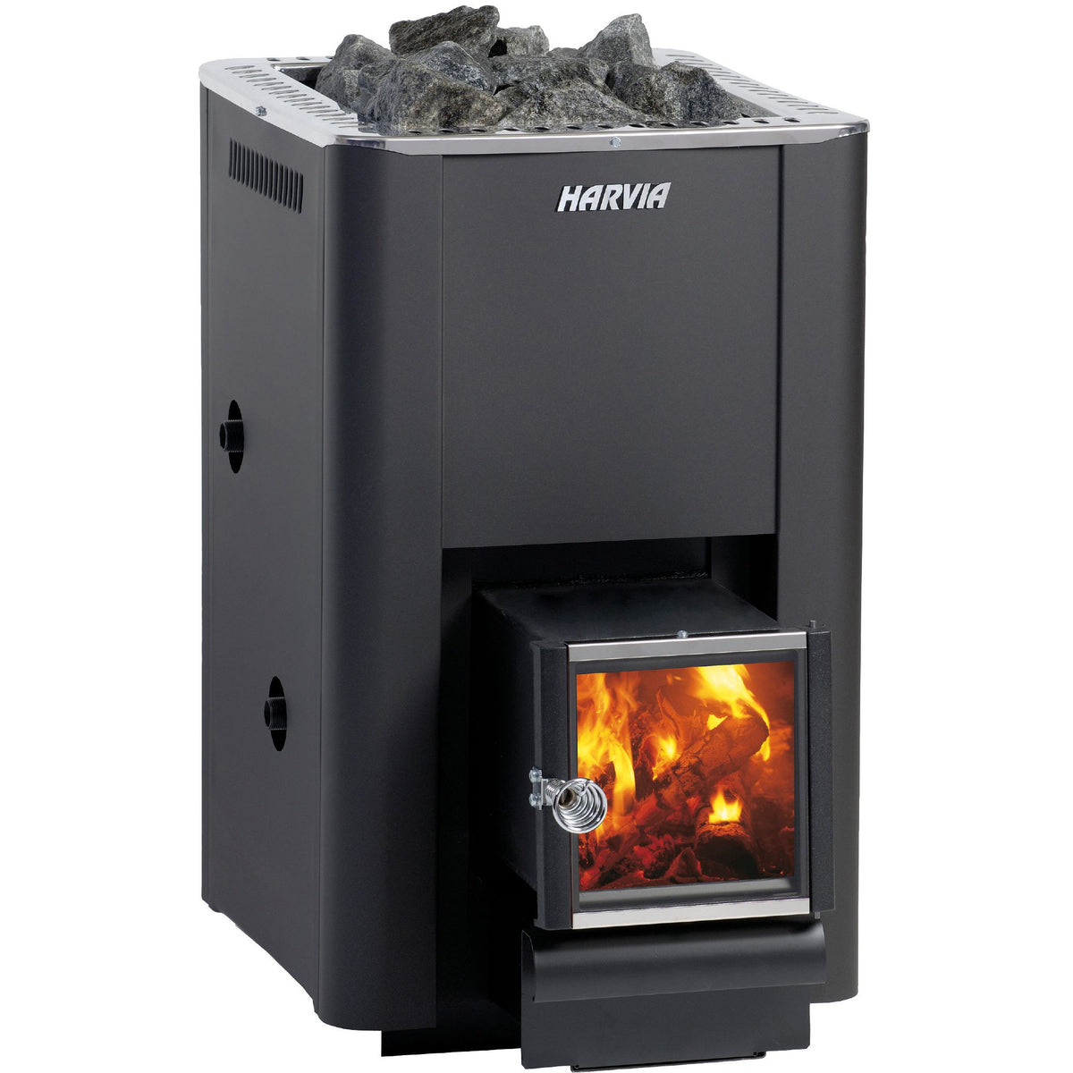 Harvia Pro 20 SL 24.1kW wood-burning sauna stove in graphite black, front view with the fire lit, studio photo on white
