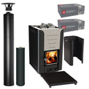 Harvia Pro 20 wood-burning sauna stove package with black steel chimney: Pro 20 stove, WHP1500M chimney kit, WHP1000M extension, WL550 sheath, WL100 floor plate and two boxes of AC3020 stones