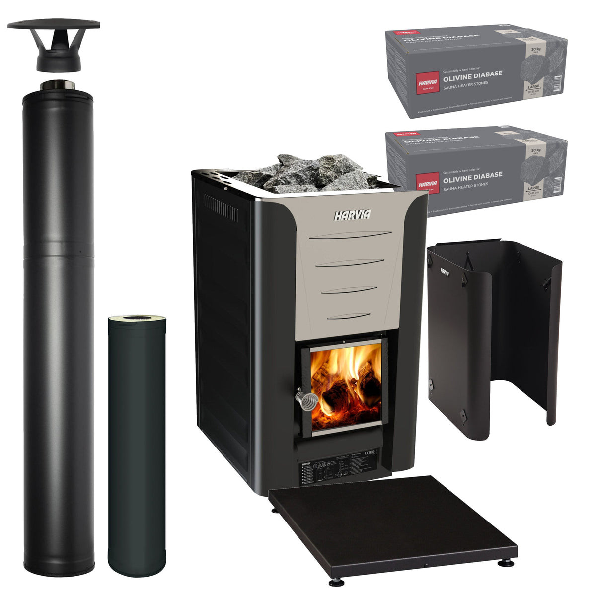 Harvia Pro 20 wood-burning sauna stove package with black steel chimney: Pro 20 stove, WHP1500M chimney kit, WHP1000M extension, WL550 sheath, WL100 floor plate and two boxes of AC3020 stones