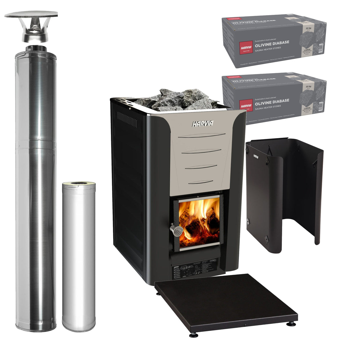 Harvia Pro 20 wood-burning sauna stove package with stainless steel chimney: Pro 20 stove, WHP1500 chimney kit, WHP1000 extension, WL550 sheath, WL100 floor plate and two boxes of AC3020 stones