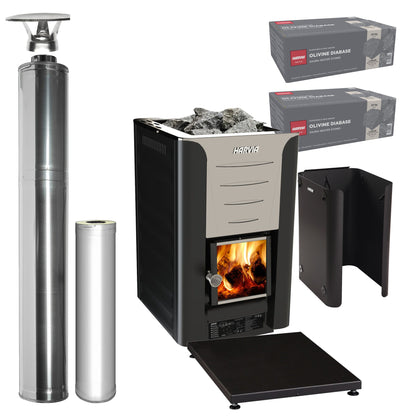 Harvia Pro 20 wood-burning sauna stove package with stainless steel chimney: Pro 20 stove, WHP1500 chimney kit, WHP1000 extension, WL550 sheath, WL100 floor plate and two boxes of AC3020 stones