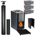 Harvia Pro 26 wood-burning sauna stove package with black steel chimney: Pro 26 stove, WHP1500M chimney kit, WHP1000M extension, WL750 sheath, WL100 floor plate and three boxes of AC3020 stones
