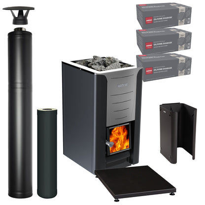 Harvia Pro 26 wood-burning sauna stove package with black steel chimney: Pro 26 stove, WHP1500M chimney kit, WHP1000M extension, WL750 sheath, WL100 floor plate and three boxes of AC3020 stones