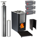 Harvia Pro 26 wood-burning sauna stove package with stainless steel chimney: Pro 26 stove, WHP1500 chimney kit, WHP1000 extension, WL750 sheath, WL100 floor plate and three boxes of AC3020 stones