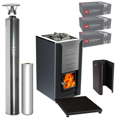 Harvia Pro 26 wood-burning sauna stove package with stainless steel chimney: Pro 26 stove, WHP1500 chimney kit, WHP1000 extension, WL750 sheath, WL100 floor plate and three boxes of AC3020 stones